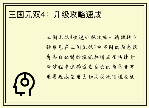 三国无双4：升级攻略速成